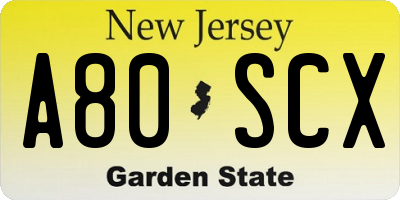 NJ license plate A80SCX