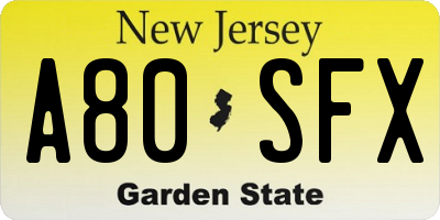 NJ license plate A80SFX