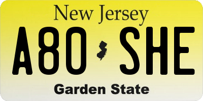 NJ license plate A80SHE