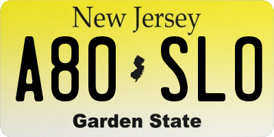 NJ license plate A80SLO