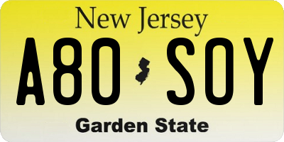 NJ license plate A80SOY