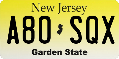 NJ license plate A80SQX
