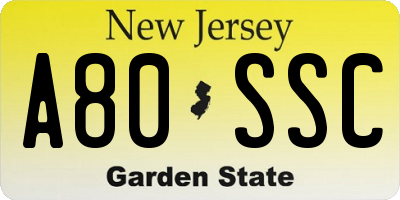 NJ license plate A80SSC