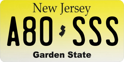 NJ license plate A80SSS