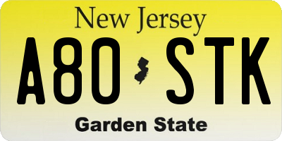 NJ license plate A80STK