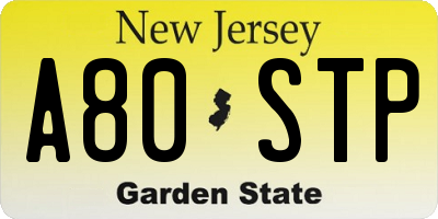 NJ license plate A80STP