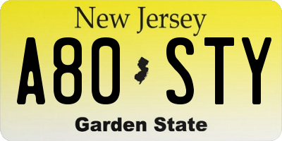 NJ license plate A80STY