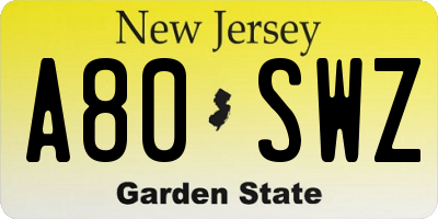 NJ license plate A80SWZ