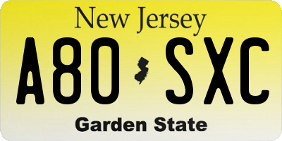 NJ license plate A80SXC