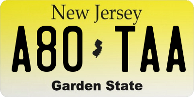 NJ license plate A80TAA