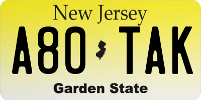 NJ license plate A80TAK