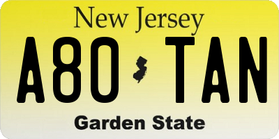 NJ license plate A80TAN