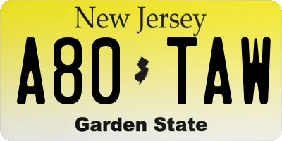 NJ license plate A80TAW