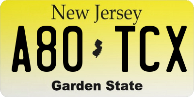 NJ license plate A80TCX