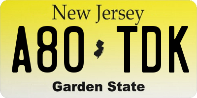 NJ license plate A80TDK