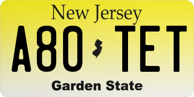 NJ license plate A80TET