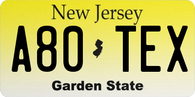 NJ license plate A80TEX