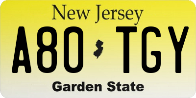 NJ license plate A80TGY