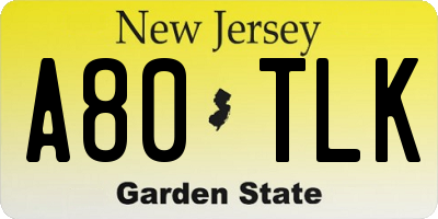 NJ license plate A80TLK