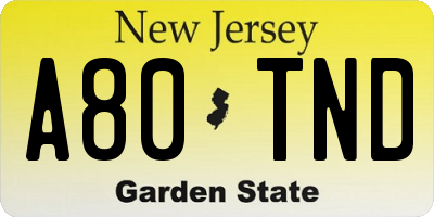 NJ license plate A80TND