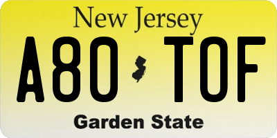 NJ license plate A80TOF