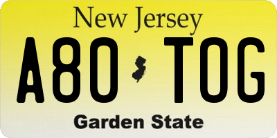 NJ license plate A80TOG