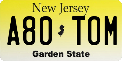 NJ license plate A80TOM