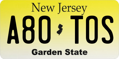 NJ license plate A80TOS
