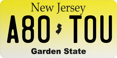 NJ license plate A80TOU