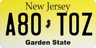 NJ license plate A80TOZ