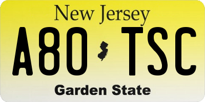 NJ license plate A80TSC