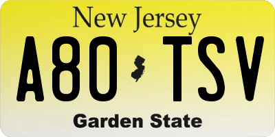 NJ license plate A80TSV
