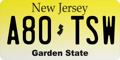 NJ license plate A80TSW