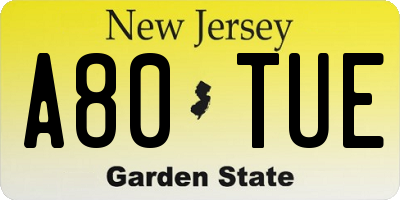 NJ license plate A80TUE