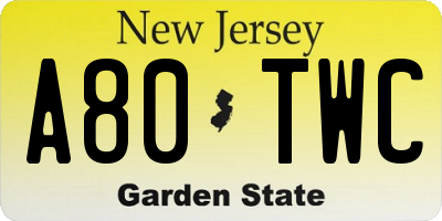 NJ license plate A80TWC