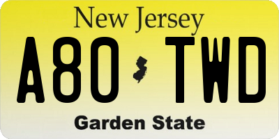 NJ license plate A80TWD