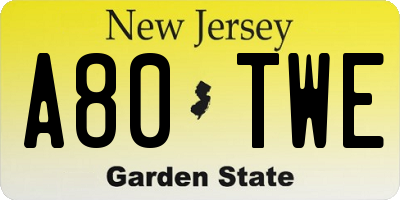 NJ license plate A80TWE