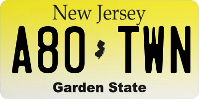NJ license plate A80TWN