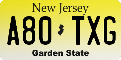 NJ license plate A80TXG