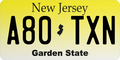 NJ license plate A80TXN