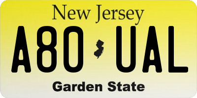NJ license plate A80UAL