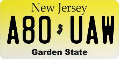 NJ license plate A80UAW