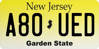 NJ license plate A80UED