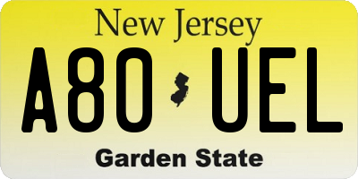 NJ license plate A80UEL