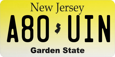 NJ license plate A80UIN