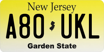 NJ license plate A80UKL