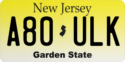 NJ license plate A80ULK