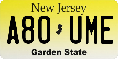 NJ license plate A80UME