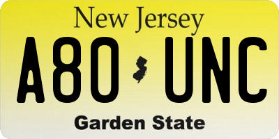 NJ license plate A80UNC