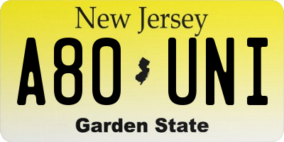NJ license plate A80UNI